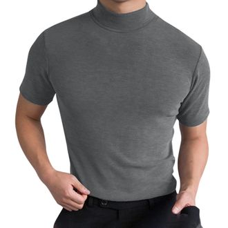 Generic BUKKNYE Mens Turtleneck Casual Basic T Shirt High Neck Cotton Short Sleeve Slim Fit Summer Lightweight Solid Work Athletic T Shirt Big&Tall Grey