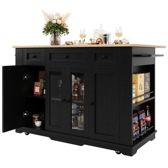 STILVORA Carro De Cocina Con Caj&oacute;n, Almacenaje Y Encimera Abatible, En Vidrio Templado, Mdf Y Metal, Negro Natural