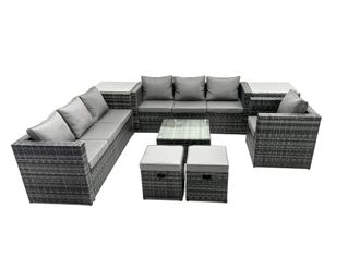 Fimous 9-seater Patio Coffee Table Sofa Set with 2 Side Tables 2 Small Stools in Dark Grey