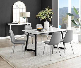 Furniturebox Carson White Marble Effect Dining Table & 6 Corona Silver Chairs in Grey