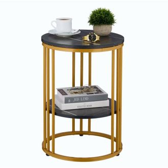 Relaxdays Relaxdays - Side Table, Marble Effect, 2 Tiers, HxD: 56 x 40 cm, Living Room, Coffee Rest for Sofa, Decor, Black/Gold