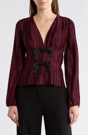 Wayf Bow Long Sleeve Pliss&eacute; Top in Aubergine at Nordstrom Rack, Size X-Large