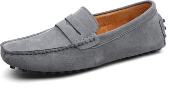 Generic Mens Loafers Genuine Leather Suede Vamp Penny Loafer Stitching Details Round Toe Lightweight Flexible Flat Heel Comfortable Prom Slip-on(Grau,10.5 UK)