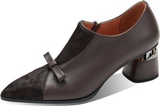 TinaCus Womens Genuine Leather Bowknot Side Zip Patchwork Pointed Toe Pumps Shoes, Brown, 3 UK