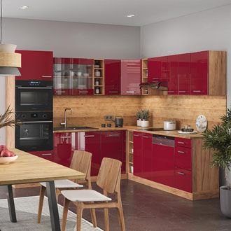 Vicco Cocina Esquinera R-line, Burdeos Brillo Intenso/roble Dorado, 237 X 60 Cm Sin Encimera