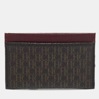 Carolina Herrera Brown/burgundy Monogram Coated Canvas And Leather Card Holder