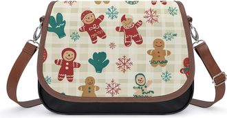 Generic Christmas Checkered Gingerbread Womens Leather Crossbody Bags with Adjustable Strap Casual Printed Shoulder Handbag