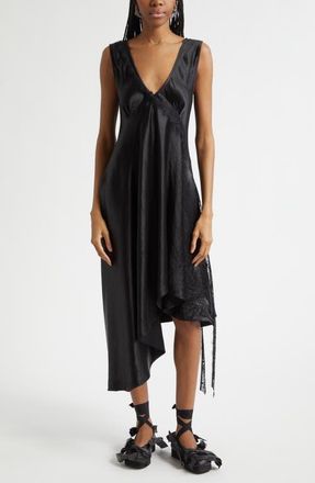 Collina Strada Tulip Asymmetric Lace Trim Satin Dress in Black at Nordstrom, Size X-Large