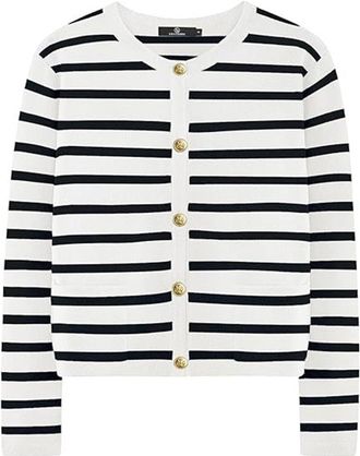 Generic Women Striped Cardigan Sweaters Knitted Gold Buttons Crew Neck Sweater with Pocket Cropped Knit Lady Casual Jackets Coat (White+Black,M)