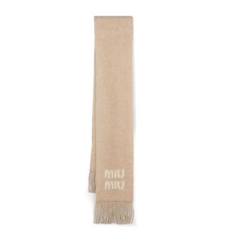 Miu Miu Geborsteld Beige Gebreide Sjaal met Logo - Dames - Wintersjaals - Beige - ONE Size - Accessoires