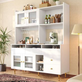 Merax Kitchen Dresser with Reeded Glass Doors & Wine Glass Racks in White