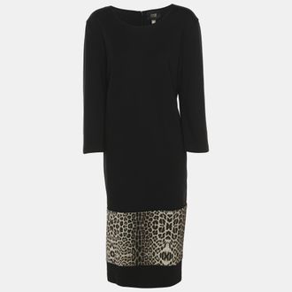 Roberto Cavalli Black Jersey Leopard Print Details Long Sleeve Midi