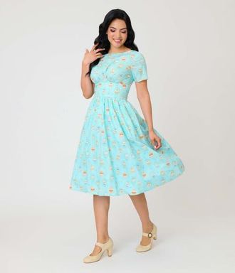 Unique Vintage Smocked Back Swing Dress in Blue W/Cat Print at Nordstrom, Size X-Large