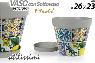 Trade Shop Trade Shop - Vaso Con Sottovaso Giardino In Plastica Decoro Med&igrave; 26x23 Cm Piante Fiori 845413
