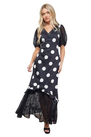 Oasis Frill Detail Puff Sleeve Midi Dress in Black at Nordstrom, Size 6