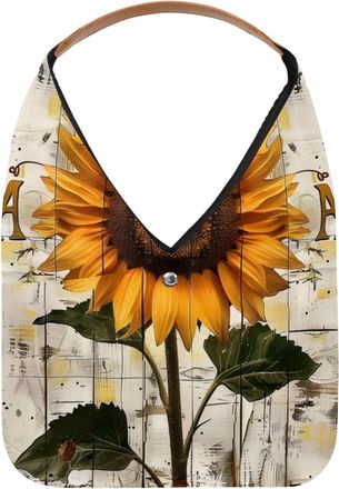 Generic Retro Wood Board Sunflower Reusable Lightweight Grocery Bags - Foldable Into Compact Pouch, Washable & Sturdy, Multipurpose for Shopping and Travel