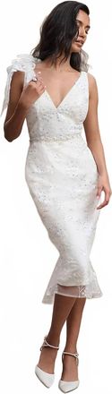 Mac Duggal Beaded Sequin Floral Tea Length Formal Gown In White