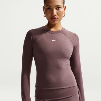 Nike Womens Nike Sportswear Chill Knit Tight Long-Sleeve Ribbed Top in Purple | IF0236-502