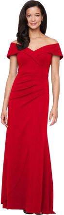 Alex Evenings Womens Long Off The Shoulder Dress, Red Crepe, 14