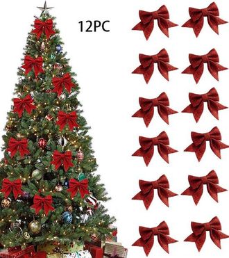 OEM Lazo Navide&ntilde;o De 12 Piezas, Decoraci&oacute;n Para &Aacute;rbol De Navidad, 12 X 11 Cm, Corona Roja, Lazo Brillante, &Aacute;rboles De Navidad, Rojo