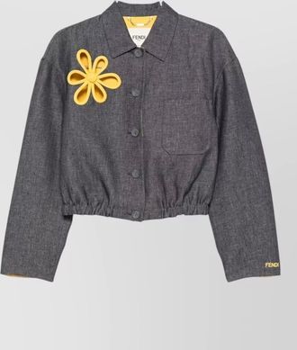 Fendi denim jacket floral applique elasticated hem pocket