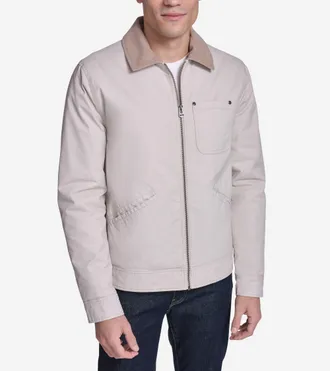 Cole Haan Mens Coated Cotton Trucker Jacket with Corduroy - Beige Size Medium