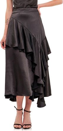 endless rose Waterfall Ruffle Satin Maxi Skirt in Black at Nordstrom, Size Small