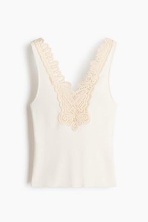 H&M Lace-trimmed Fine-knit Top in White/cream at Nordstrom, Size X-Small