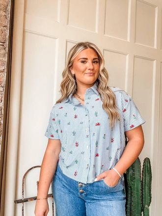 Tribal Cactus Print Button Front Blouse In Blue Stripe