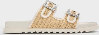 Charles & Keith Raffia Gem-Buckle Double-Strap Sandals
