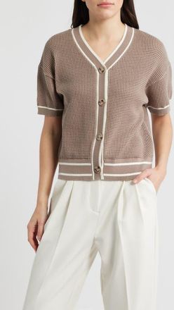 Bernardo Short Sleeve Basketweave Cardigan in Gardenia/Goat at Nordstrom, Size X-Small