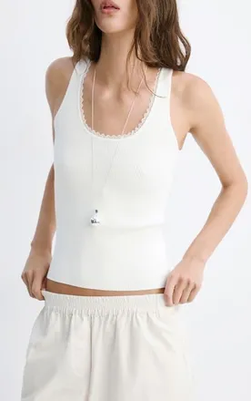 Mango Rib Knit Lace Trim Scoop Neck Tank in Ecru at Nordstrom, Size X-Large