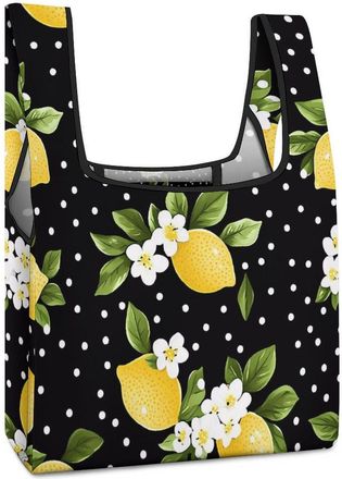 Generic Lemon Polka Dots Flowers Reusable Shopping Bags Lightweight Foldable Grocery Bag Polyester Washable Tote Bag
