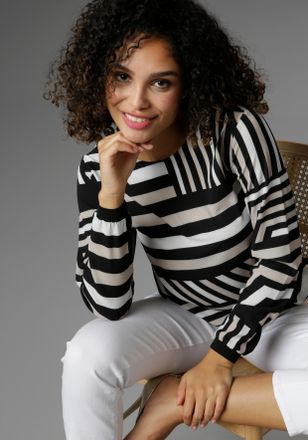 Aniston Shirtbluse ANISTON SELECTED, Damen, Gr. 34, schwarz-weiss (schwarz, sanftes wei&szlig;, beige), Cr&ecirc;pe, Obermaterial: 97% Polyester, 3% Elasthan, gemustert, 