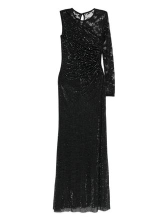 Self Portrait Black Rhinestone Mesh And Lace Maxi Dress