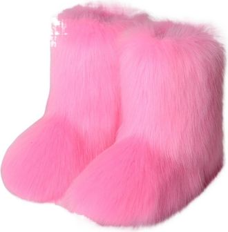 Generic Punk Women Boots Winter Fluffy Plush Warm Mid Calf Snow Boots Luxury Fashion Boots Comfortable Outdoor Flat Shoes(Pink,10.5US)