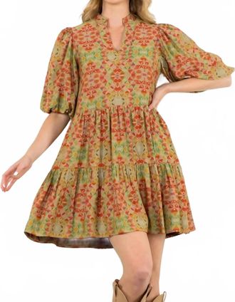 THML Clothing Puff Sleeve Print Dress In Orange/green