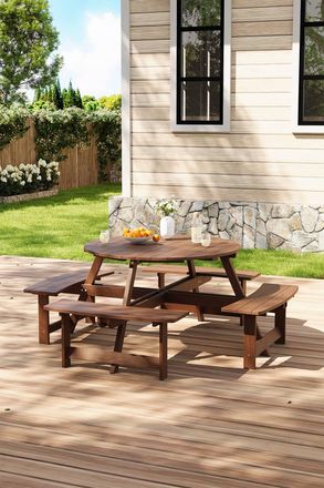 Living and Home 8-Person Round Wood Picnic Table and Bench Set in Brown