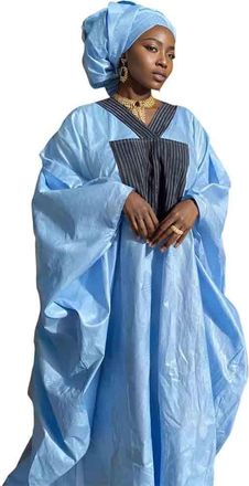 Generic African Ankara Women Party Clothing Bazin Riche Dashiki Robe with Scarf Boubou Sky Blue Long Dresses for Femme Daily Clothing, Sky Blue, One Size