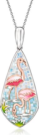 Ross-Simons Mother-Of-Pearl and Multicolored Enamel Flamingo Mosaic Pendant Necklace in Sterling Silver and 18kt Rose Gold Over Sterling