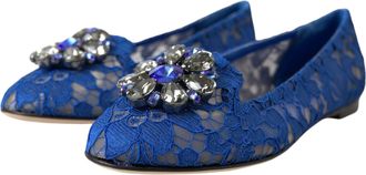 Dolce & Gabbana Womens Lace Crystal-Embellished Flat Blue Viscose Cotton Nylon