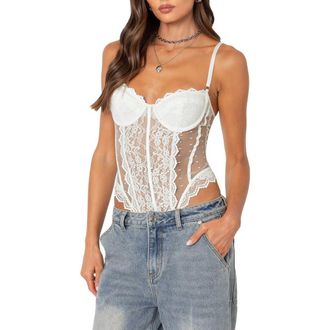 Edikted Cabaret Lace Bodysuit in White at Nordstrom, Size Small