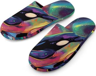 Generic Fantasy Killer Whale Artistic Aurora Warm Mens Slippers Slip On Soft Fleece House Shoes Winter Indoor Outdoor