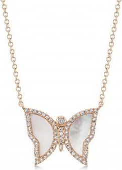 Allurez Diamond & Mother Of Pearl Butterfly Pendant Necklace 14K Rose Gold (0.99ct)