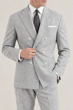 Brunello Cucinelli Mens Pearl Grey Wool Silk Double Breasted Suit, Size 48