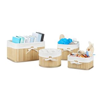 Relaxdays Set De 16 Cestas De Almacenaje De Bamb&uacute;, Caja Para Estanter&iacute;a Y Armario, Cestitas Ba&ntilde;o, 4 Tama&ntilde;os, Natural