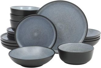 Gibson Home Tribeca Loft 16-Piece Double Bowl and Plates Stoneware Dinnerware Set, Service for 4, Dishwasher & Microwave Safe in Matte Blue at