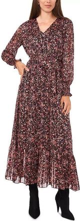 Vince Camuto Maxi Dress Women Black Floral Tie-Waist Balloon Sleeve UPS670