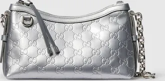 Gucci GG Emblem Small Shoulder Bag, Silver, Leather
