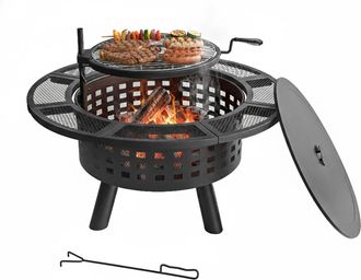 Relaxdays Relaxdays Brasero, &Oslash; 91,5 Cm, Parrilla Regulable, Tapa Y Atizador, Para Jard&iacute;n, Negro